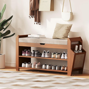 Bamboo Shoe Rack Bench with Cushion & Flip-Top Storage