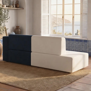 L-Shaped Chaise Lounge Sofa – Blue & White Fabric