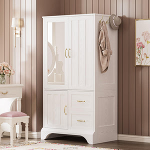 3-Door Wardrobe Armoire with Mirror, Hanging Rod & 2 Drawers – White