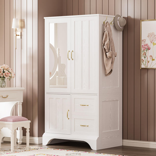 3-Door Wardrobe Armoire with Mirror, Hanging Rod & 2 Drawers – White