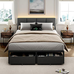 Queen Bed Frame with LED Lights, Storage Drawers & Charging Station