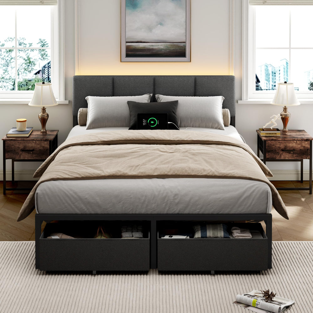 Full Size Bed Frame with LED Lighting, USB Charging & Storage Drawers