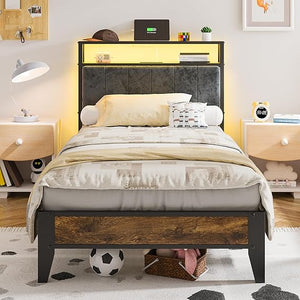 King Bed Frame with LED Headboard & Charging Station