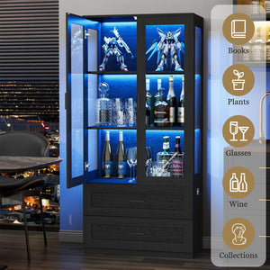 LED Display Cabinet with Acrylic Doors & Drawers — Black