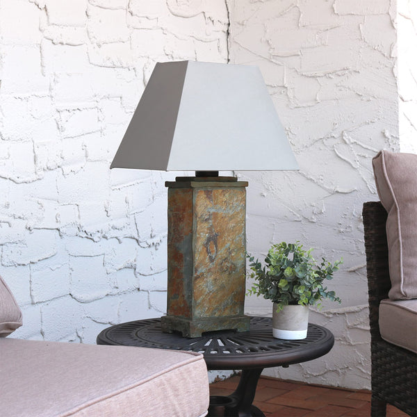 Modern Slate Outdoor Table Lamp with Cotton Shade, Set of 2