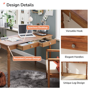 Solid Wood Writing Desk 48-Inch with 2 Drawers & Hooks