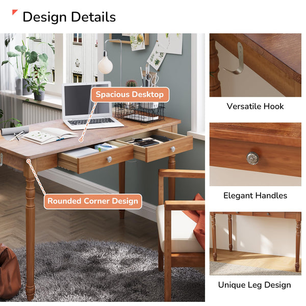 Solid Wood Writing Desk 48-Inch with 2 Drawers & Hooks