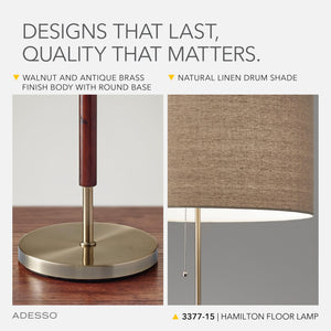 Walnut & Brass Floor Lamp with Linen Drum Shade
