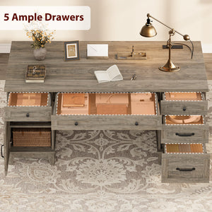 60-Inch Farmhouse Executive Desk with File Drawers & Charging Station