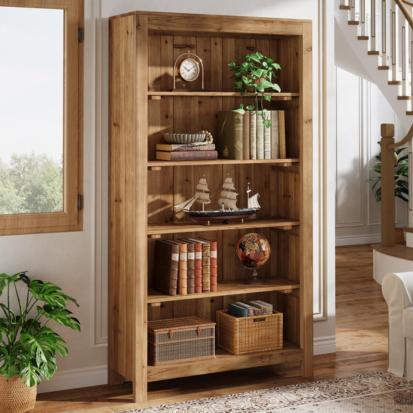 5-Tier Solid Wood Bookcase with Display Shelves
