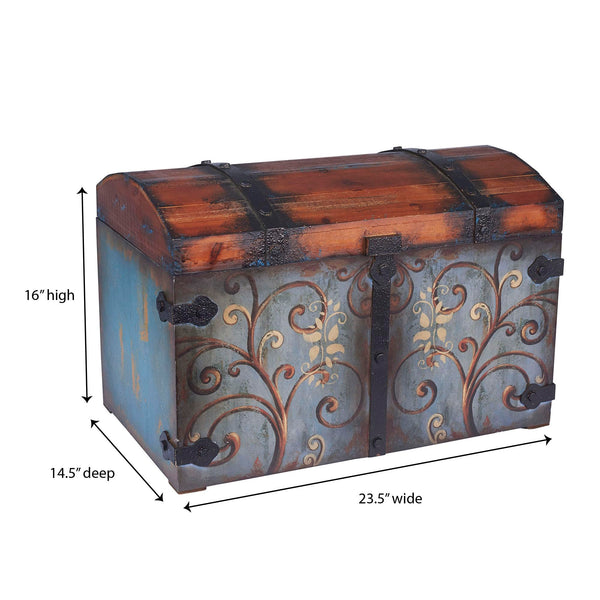 Vintage Wood Storage Trunk with Locking Lid — Blue & Brown