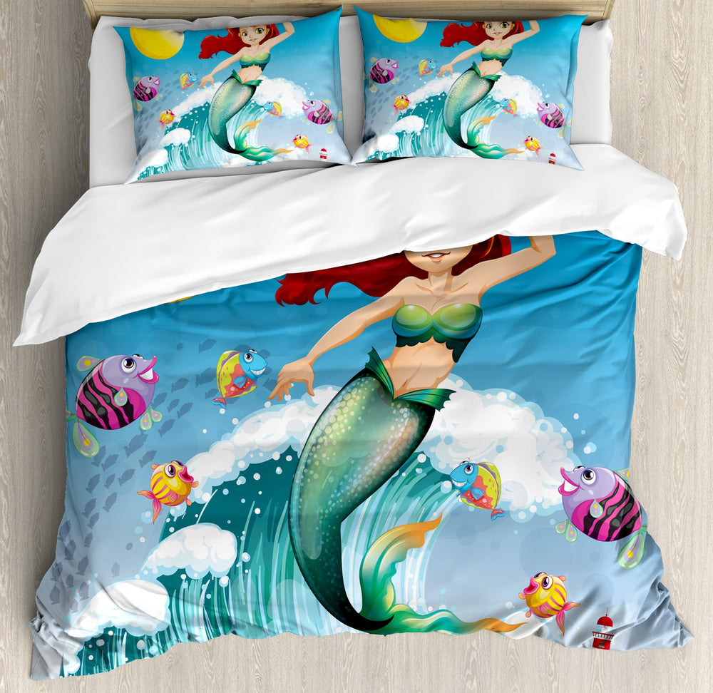 Queen Mermaid Duvet Cover Set – 3-Piece Microfiber Bedding, Yellow Blue Green