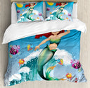 Queen Mermaid Duvet Cover Set – 3-Piece Microfiber Bedding, Yellow Blue Green