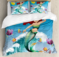 Queen Mermaid Duvet Cover Set – 3-Piece Microfiber Bedding, Yellow Blue Green
