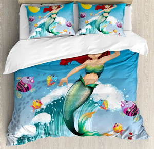 Queen Mermaid Duvet Cover Set – 3-Piece Microfiber Bedding, Yellow Blue Green