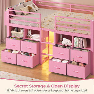 Low Loft Bed Twin with 8 Storage Drawers, Bookcase & LED Lights