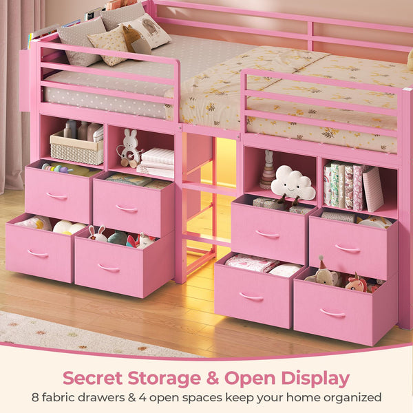 Low Loft Bed Twin with 8 Storage Drawers, Bookcase & LED Lights