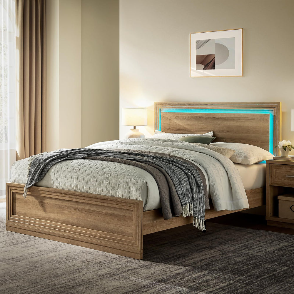 Queen Wood Bed Frame with Headboard, Footboard & RGB LED Light