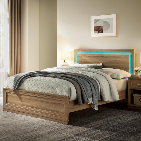 Queen Wood Bed Frame with Headboard, Footboard & RGB LED Light