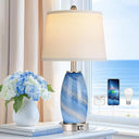 Blue Glass Table Lamps Set of 2 with USB Charging & 3-Way Lighting