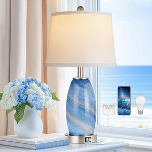 Blue Glass Table Lamps Set of 2 with USB Charging & 3-Way Lighting