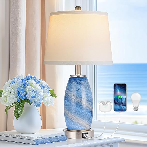Blue Glass Table Lamps Set of 2 with USB Charging & 3-Way Lighting
