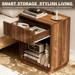 Fluted Nightstand Set of 2 with Charging Station
