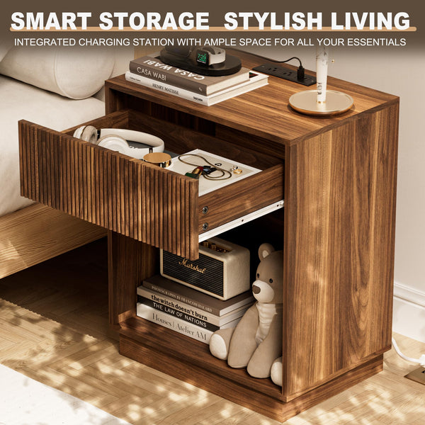 Fluted Nightstand Set of 2 with Charging Station
