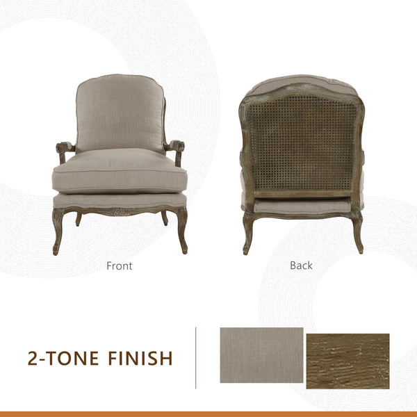 French Country Accent Chair with Rattan Back & Feather Down Cushion