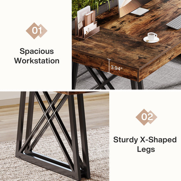 63-Inch Farmhouse Executive Desk with X-Shaped Metal Legs