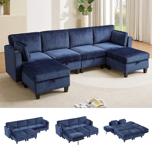 110" U-Shaped Modular Sectional Sofa with Storage & Charging