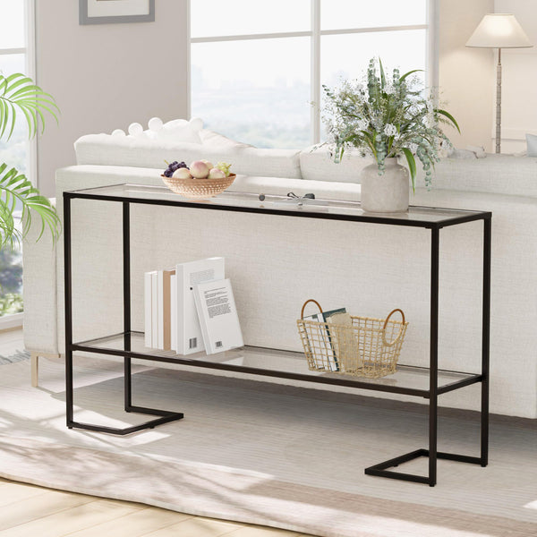 52" 2-Tier Console Table with Tempered Glass Shelves & Metal Frame