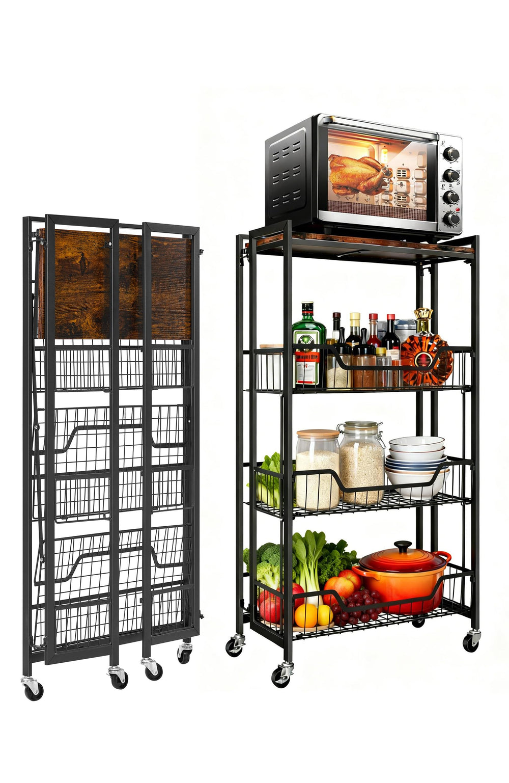 4-Tier Foldable Storage Cart with Lockable Casters
