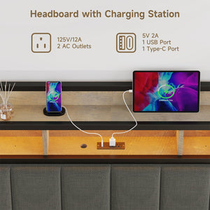 Upholstered Headboard with LED Light, Storage & Charging Station