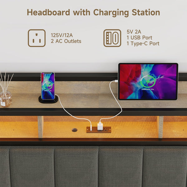 Upholstered Headboard with LED Light, Storage & Charging Station