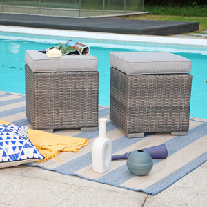 Square Wicker Ottoman Set of 2 with Cushions – Outdoor & Indoor
