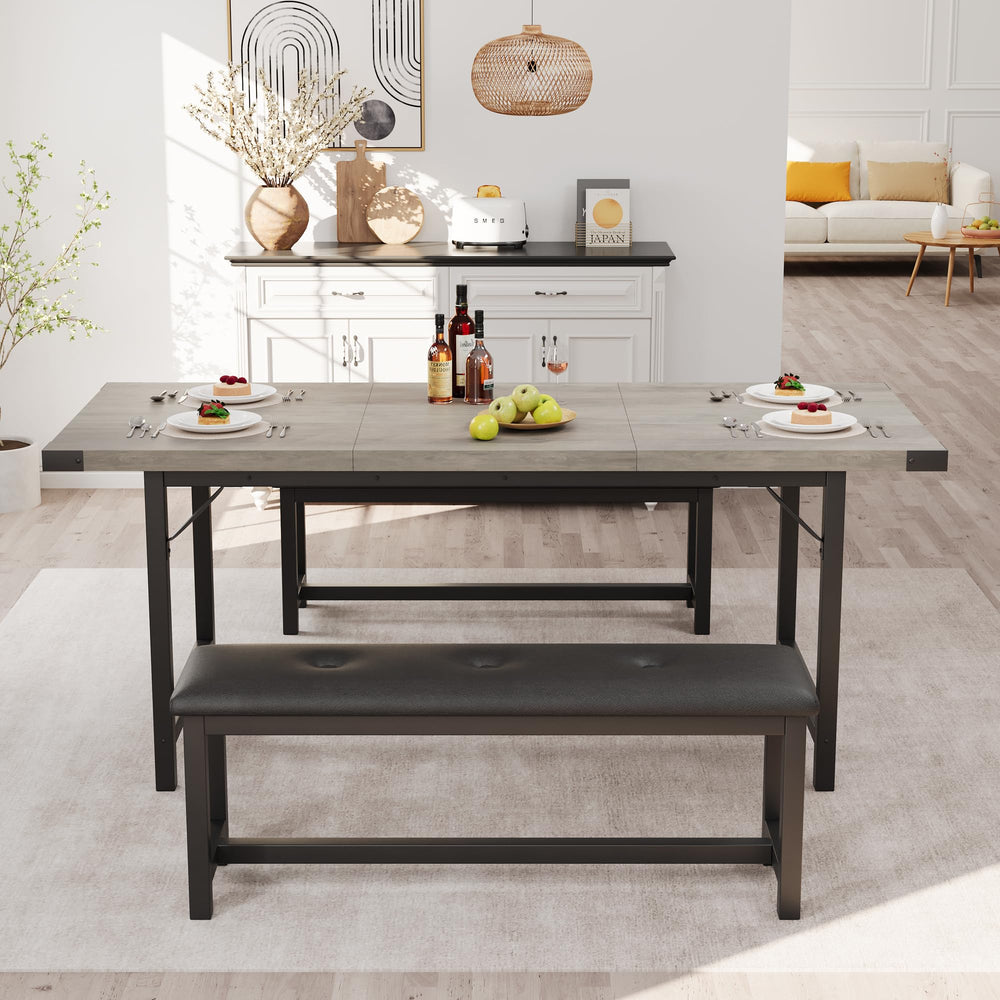 Extendable Dining Table Set with 2 Upholstered Benches – Seats 4 to 8