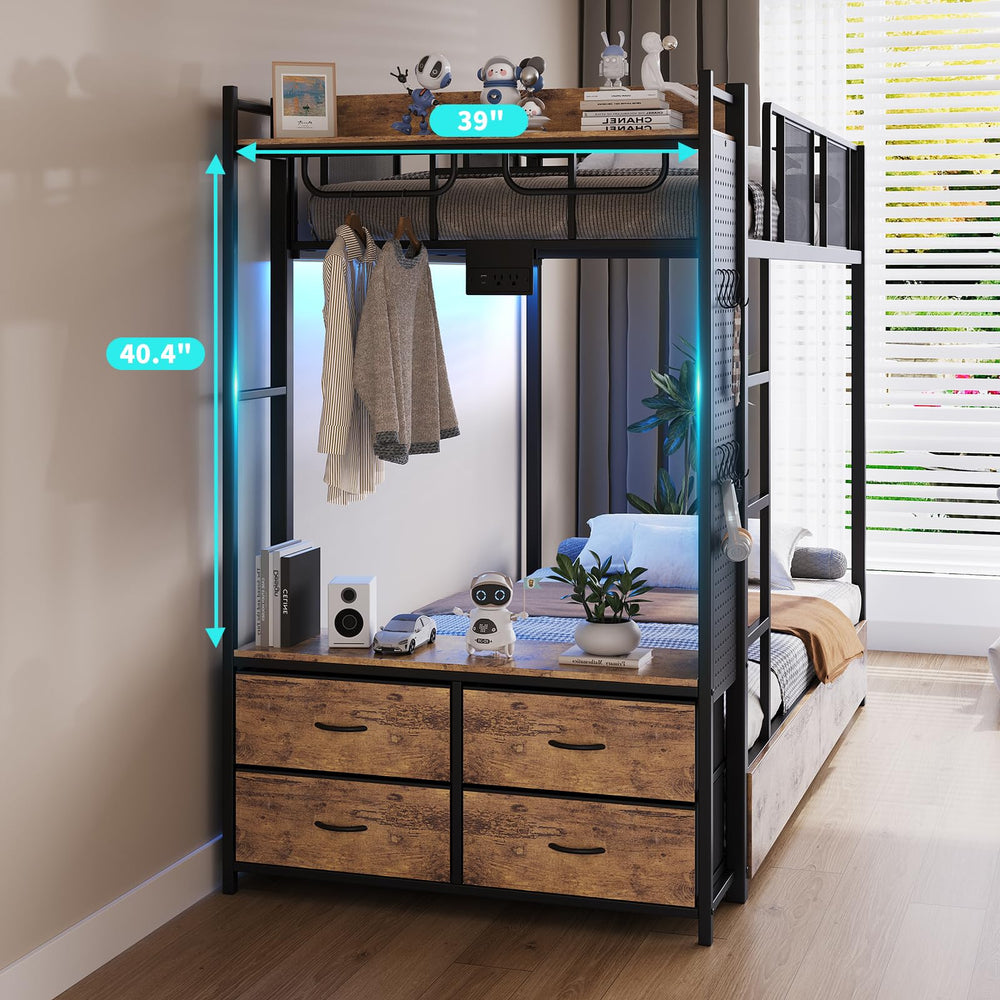 Twin Over Twin Bunk Bed with Storage Drawers, LED Lights & Charging Station
