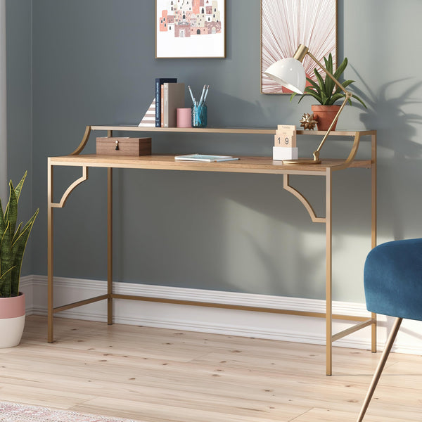 Writing Desk with Glass Shelf – Sindoori Mango & Satin Gold Frame