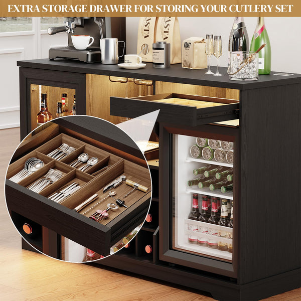 Bar Cabinet with Fridge, LED Lights & Wine Rack