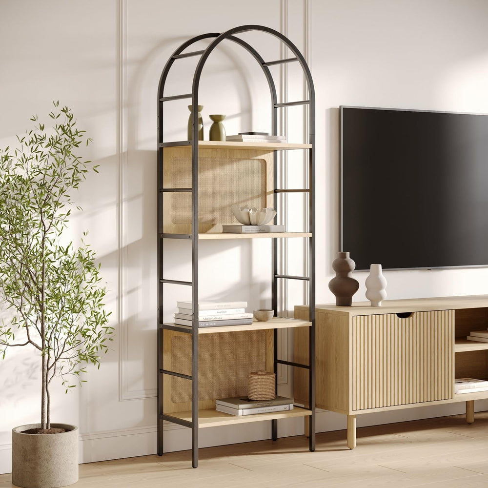 4-Tier Arched Bookshelf with Rattan Backing