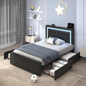 Upholstered Platform Bed Frame with LED Headboard, Storage Drawers & Charging Station