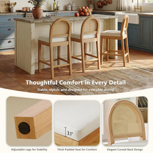 Upholstered Rattan Bar Stools – Solid Wood Counter Height Stools with Chenille Seat