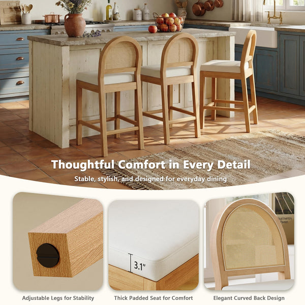 Upholstered Rattan Bar Stools – Solid Wood Counter Height Stools with Chenille Seat