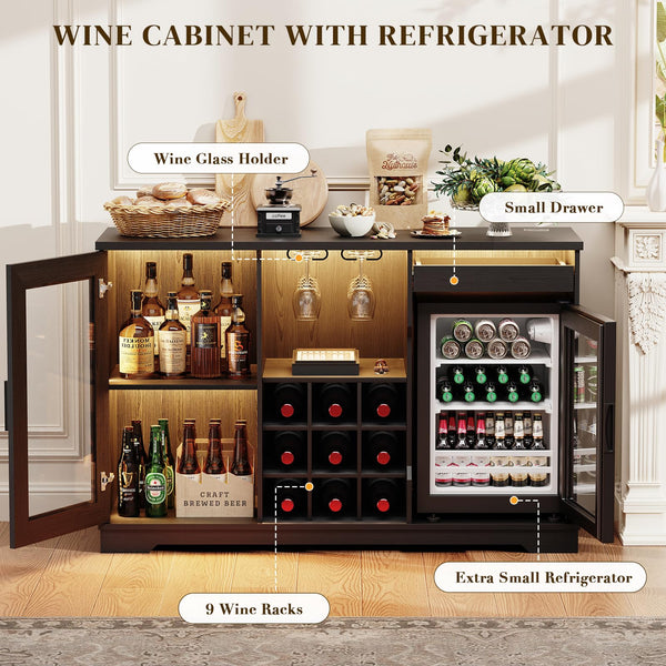Bar Cabinet with Fridge, LED Lights & Wine Rack