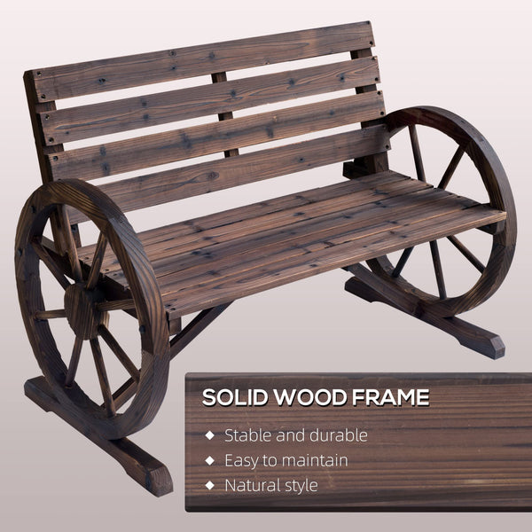 Rustic Wagon Wheel Outdoor Wood Bench – 2-Person Slatted Seat with Backrest