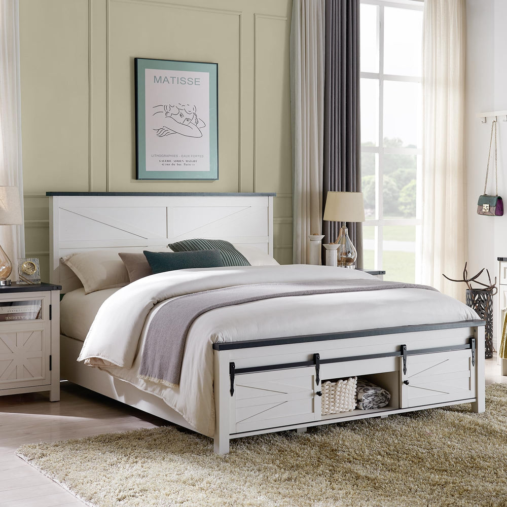 Farmhouse Bedroom Set with Barn Door Storage – King & Queen Bed + 2 Nightstands