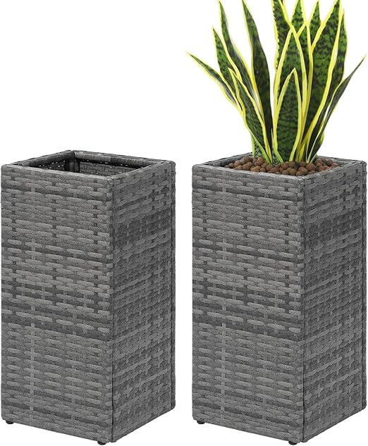 Tall Square Rattan Planter Box Set of 2 with Removable Liner – 12x12x24 Inch