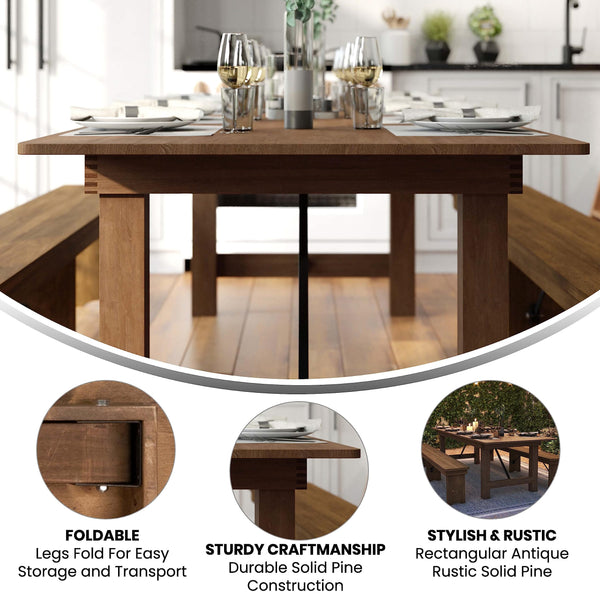 9FT Rustic Solid Pine Folding Farm Table — Seats 10