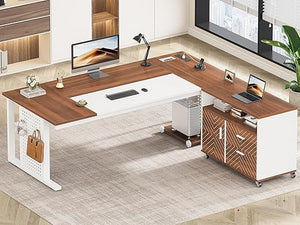 L-Shaped Executive Desk with Rolling File Cabinet, Power Outlets, CPU Stand & Pegboard